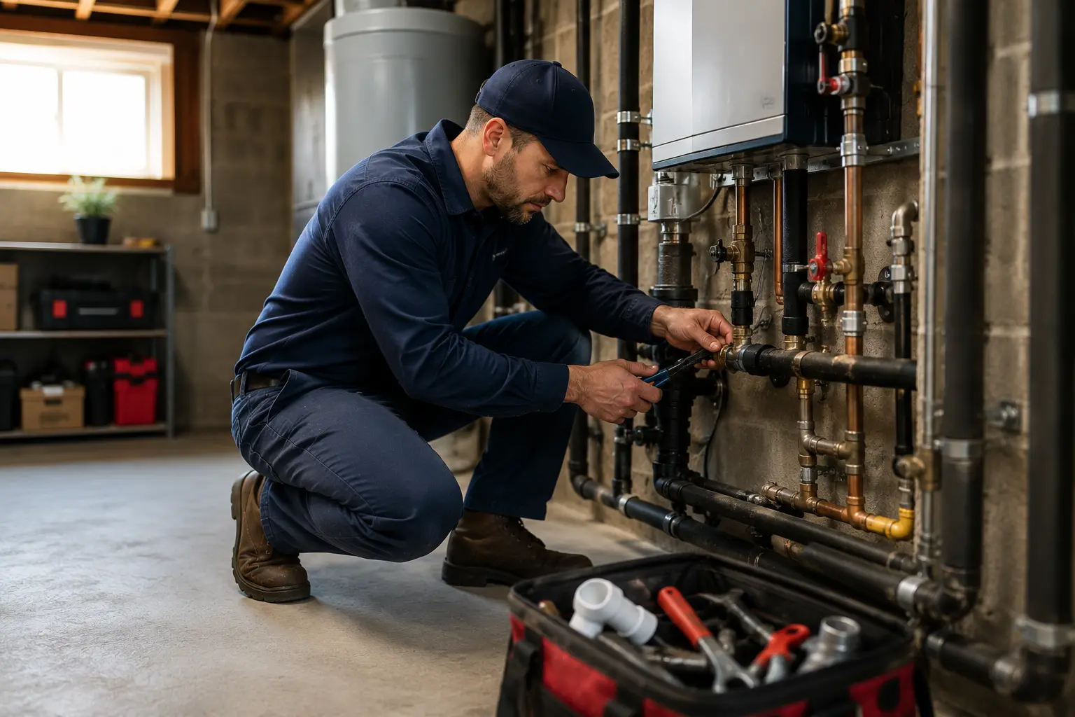 Massapequa Plumbing Co. plumber servicing basement water lines in Massapequa, NY
