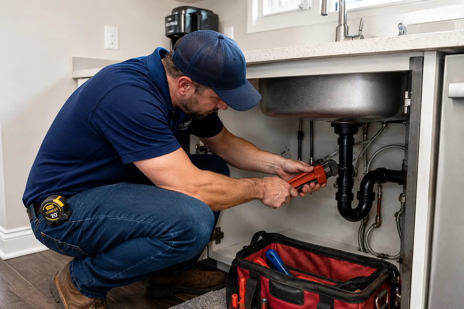 Plumber in Massapequa, NY repairing a pipe under a kitchen sink