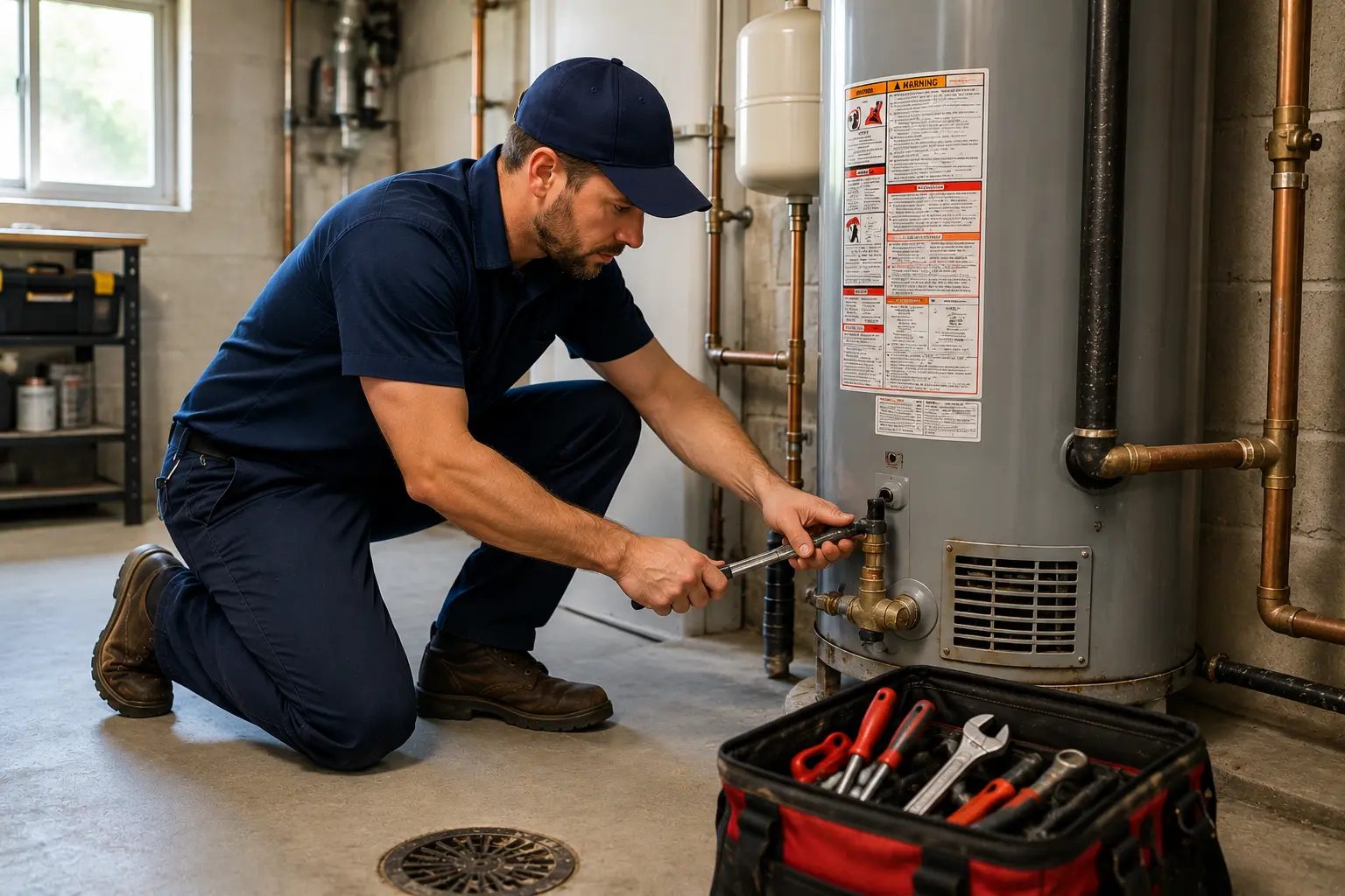 Massapequa plumber repairing a water heater in a Massapequa, NY home