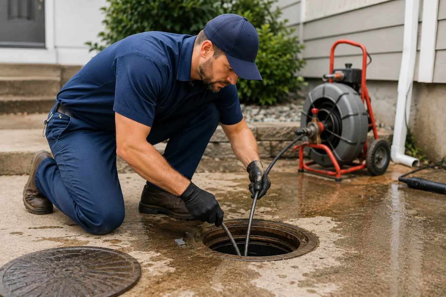 Massapequa plumber clearing a main sewer line with a drain machine